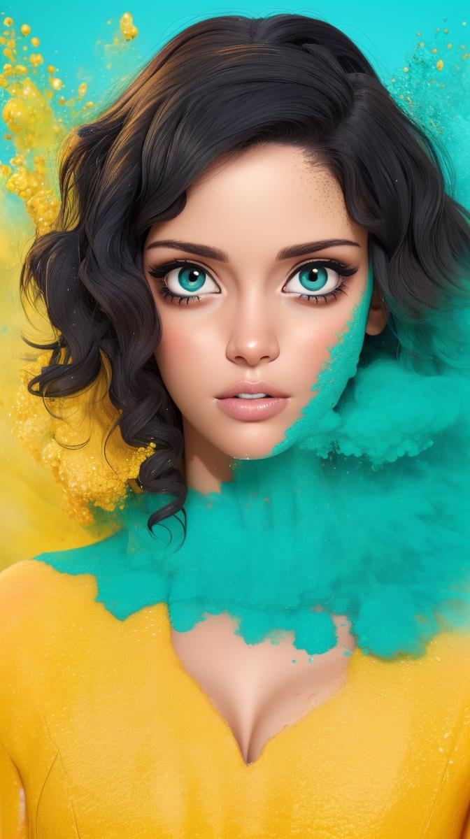 <lora:Sexy-Brazilian:1>  black curly hair, hazel eyes, full lips, yellow powder, deep blue powder and green powder splashes on background, high quality photography, <lora:powder_v1.0:1>