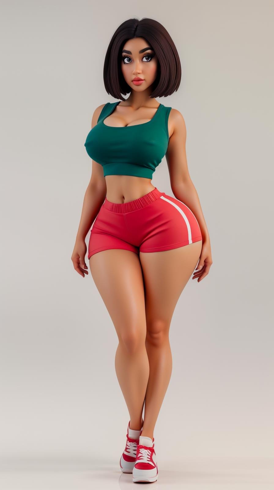 <lora:Sexy-Mexican:1> black short straight hair, dark brown eyes, brown skin, green top and white shorts, red sport shoes, looking at viewer, perfect hands, big breast, wide hips, thick thighs, ultra realistic digital art, a 3D render, photorealism, clean scene, white background, circular base, <lora:p3r3zstyle_v3:0.4>  <lora:P2p0:0.4> <lora:Sexy-Figures:1> 