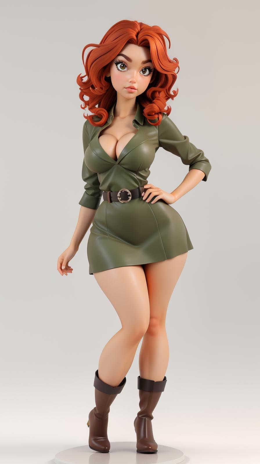 <lora:Sexy-Irish:1> curly red hair, brown eyes, green mini dress, leather belt, black boots, looking at viewer, perfect hands, big breast, wide hips, thick thighs, ultra realistic digital art, a 3D render, photorealism, clean scene, white background, circular base, <lora:p3r3zstyle_v3:0.4>  <lora:P2p0:0.4> <lora:Sexy-Figures:1>  