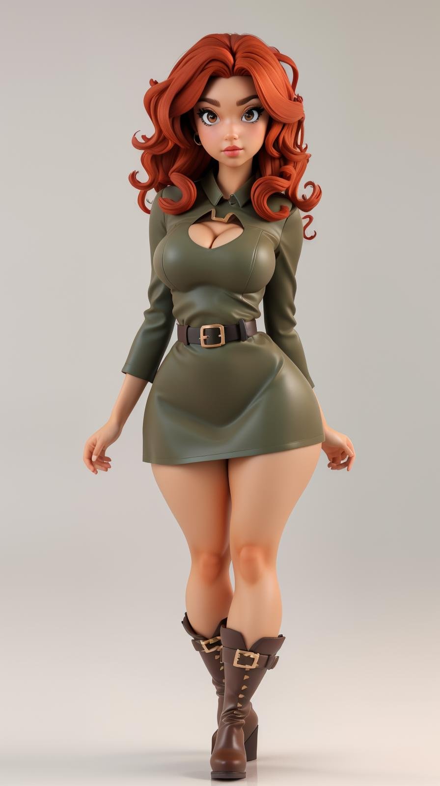 <lora:Sexy-Irish:1> curly red hair, brown eyes, green mini dress, leather belt, black boots, looking at viewer, perfect hands, big breast, wide hips, thick thighs, ultra realistic digital art, a 3D render, photorealism, clean scene, white background, circular base, <lora:p3r3zstyle_v3:0.4>  <lora:P2p0:0.4> <lora:Sexy-Figures:1>  