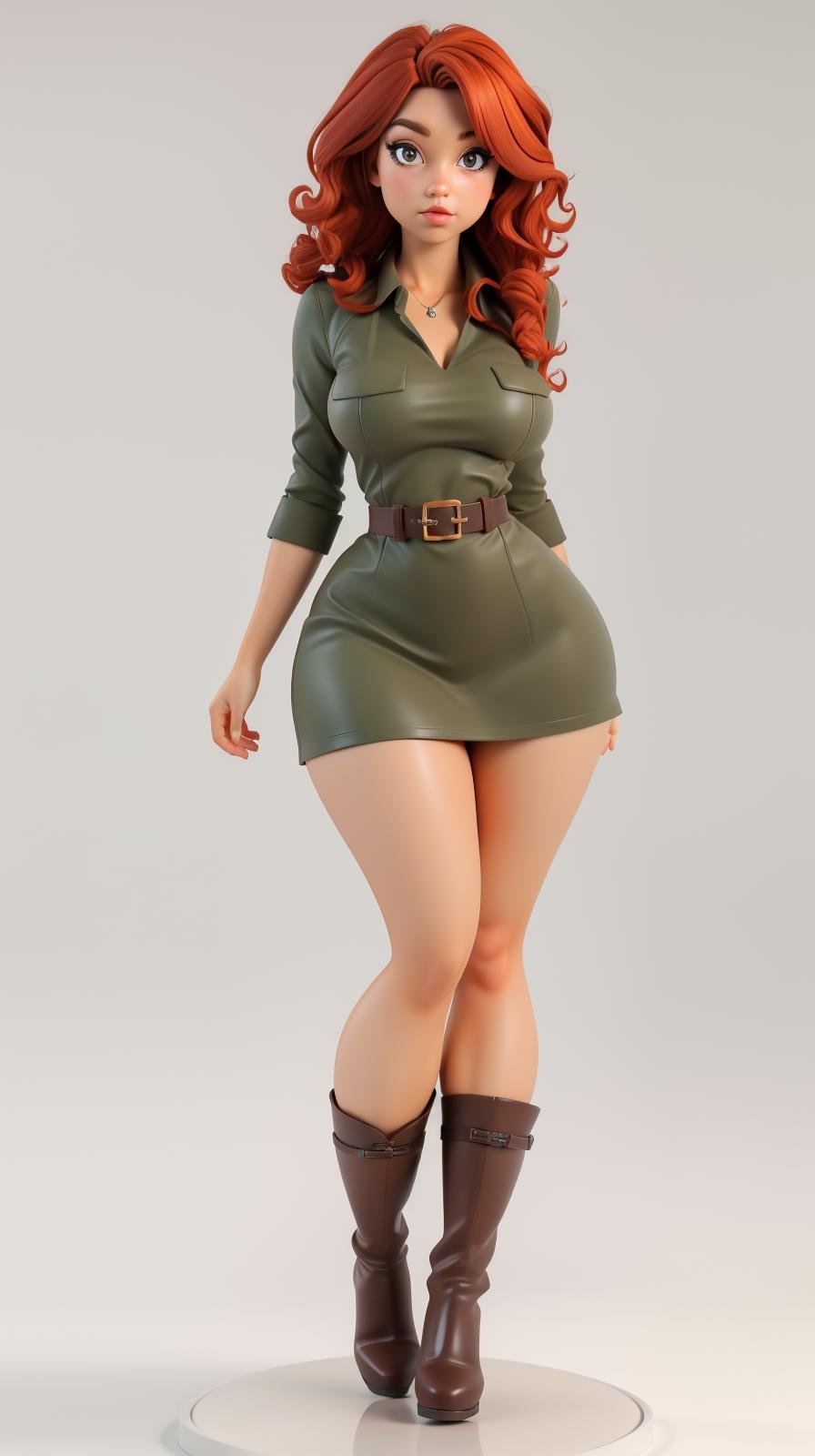 <lora:Sexy-Irish:1> curly red hair, brown eyes, green mini dress, leather belt, black boots, looking at viewer, perfect hands, big breast, wide hips, thick thighs, ultra realistic digital art, a 3D render, photorealism, clean scene, white background, circular base, <lora:p3r3zstyle_v3:0.4>  <lora:P2p0:0.4> <lora:Sexy-Figures:1>  