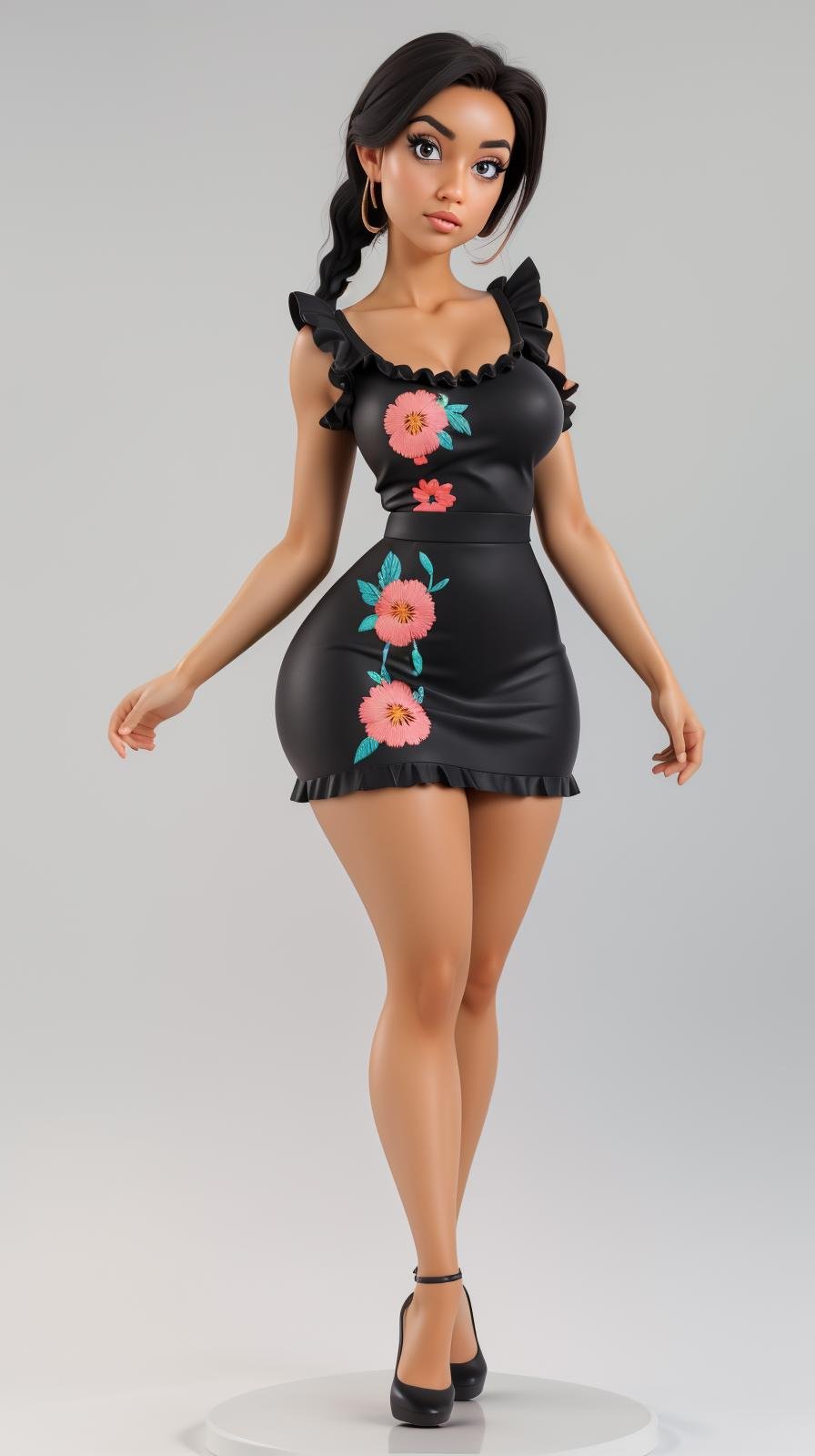 <lora:Sexy-Bolivian:1> black hair,  braided sidetails, black hair,  black eyes, tanned skin, (black frilled skirt mini dress with floral embroidery), looking at viewer, perfect hands, big breast, wide hips, thick thighs, ultra realistic digital art, a 3D render, photorealism, clean scene, white background, circular base, <lora:p3r3zstyle_v3:0.4>  <lora:P2p0:0.4> <lora:Sexy-Figures:1>     