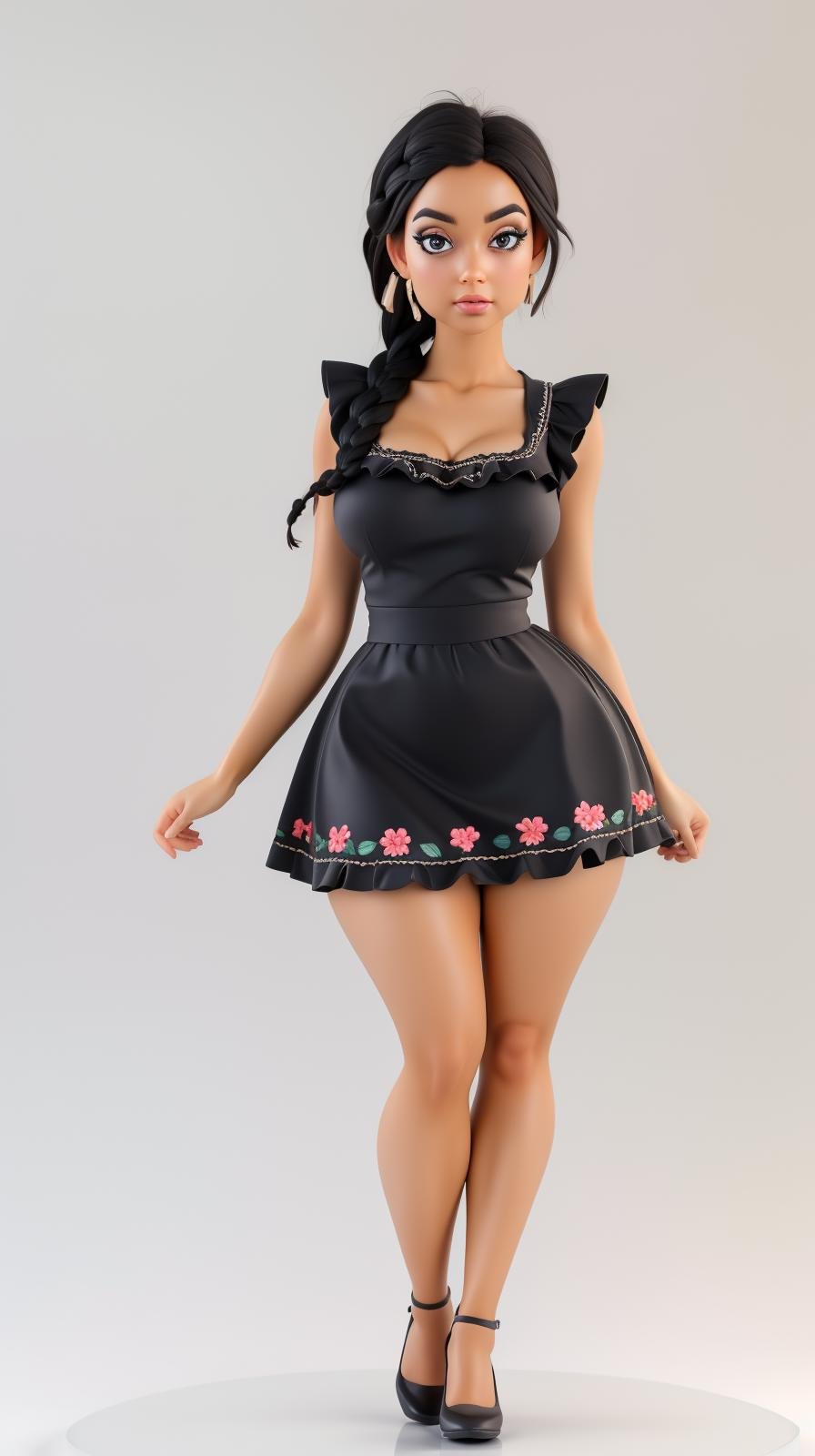 <lora:Sexy-Bolivian:1> black hair,  braided sidetails, black hair,  black eyes, tanned skin, (black frilled skirt mini dress with floral embroidery), looking at viewer, perfect hands, big breast, wide hips, thick thighs, ultra realistic digital art, a 3D render, photorealism, clean scene, white background, circular base, <lora:p3r3zstyle_v3:0.4>  <lora:P2p0:0.4> <lora:Sexy-Figures:1>     