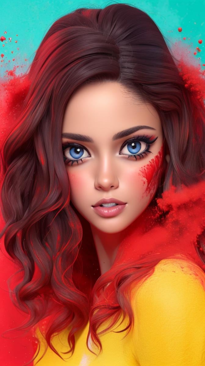 <lora:Sexy-Colombian:1>  black wavy hair, dark brown eyes, full lips, yellow powder, deep blue powder and red powder splashes on background, high quality photography, <lora:powder_v1.0:1>