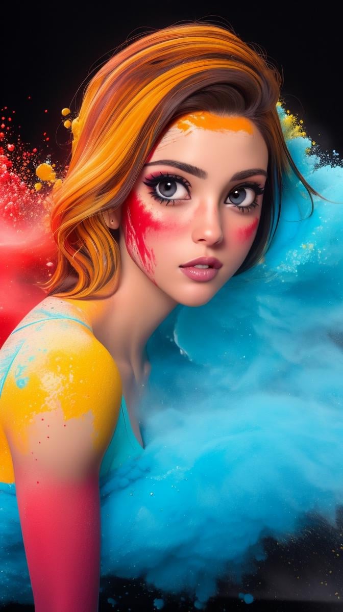 <lora:Sexy-Colombian:1>  black wavy hair, dark brown eyes, full lips, yellow powder, deep blue powder and red powder splashes on background, high quality photography, <lora:powder_v1.0:1>