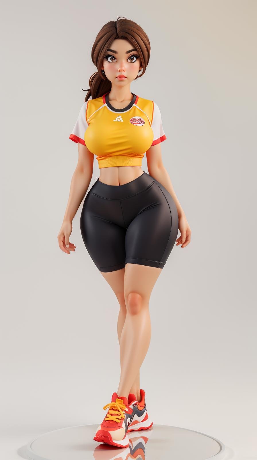 <lora:Sexy-Belgian:1> brown hair, brown eyes, (red yellow and red sport clothing, sport shoes), looking at viewer, perfect hands, big breast, wide hips, thick thighs, ultra realistic digital art, a 3D render, photorealism, clean scene, white background, circular base, <lora:p3r3zstyle_v3:0.4>  <lora:P2p0:0.4> <lora:Sexy-Figures:1>