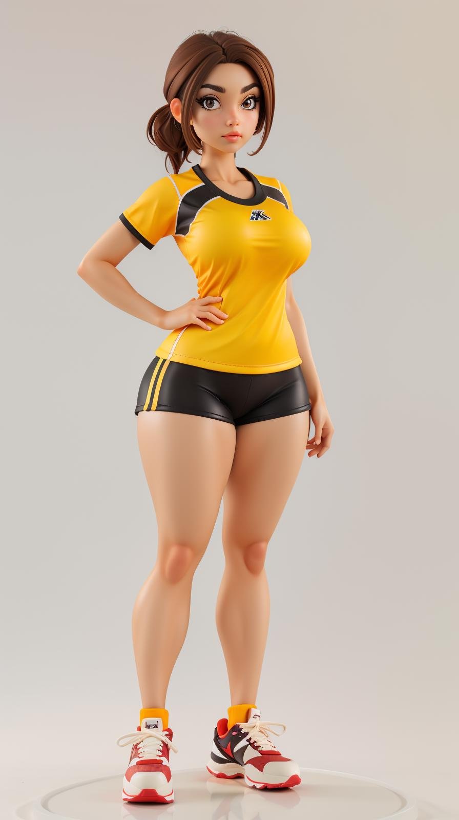 <lora:Sexy-Belgian:1> brown hair, brown eyes, (red yellow and red sport clothing, sport shoes), looking at viewer, perfect hands, big breast, wide hips, thick thighs, ultra realistic digital art, a 3D render, photorealism, clean scene, white background, circular base, <lora:p3r3zstyle_v3:0.4>  <lora:P2p0:0.4> <lora:Sexy-Figures:1>