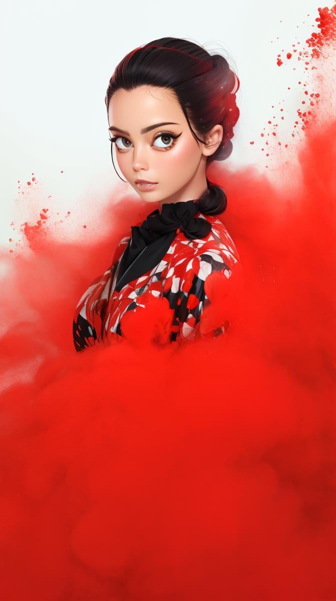 <lora:Sexy-Japanese:1> updo black straight hair, black eyes, red and white powder splashes on background, high quality photography, <lora:powder_v1.0:1>