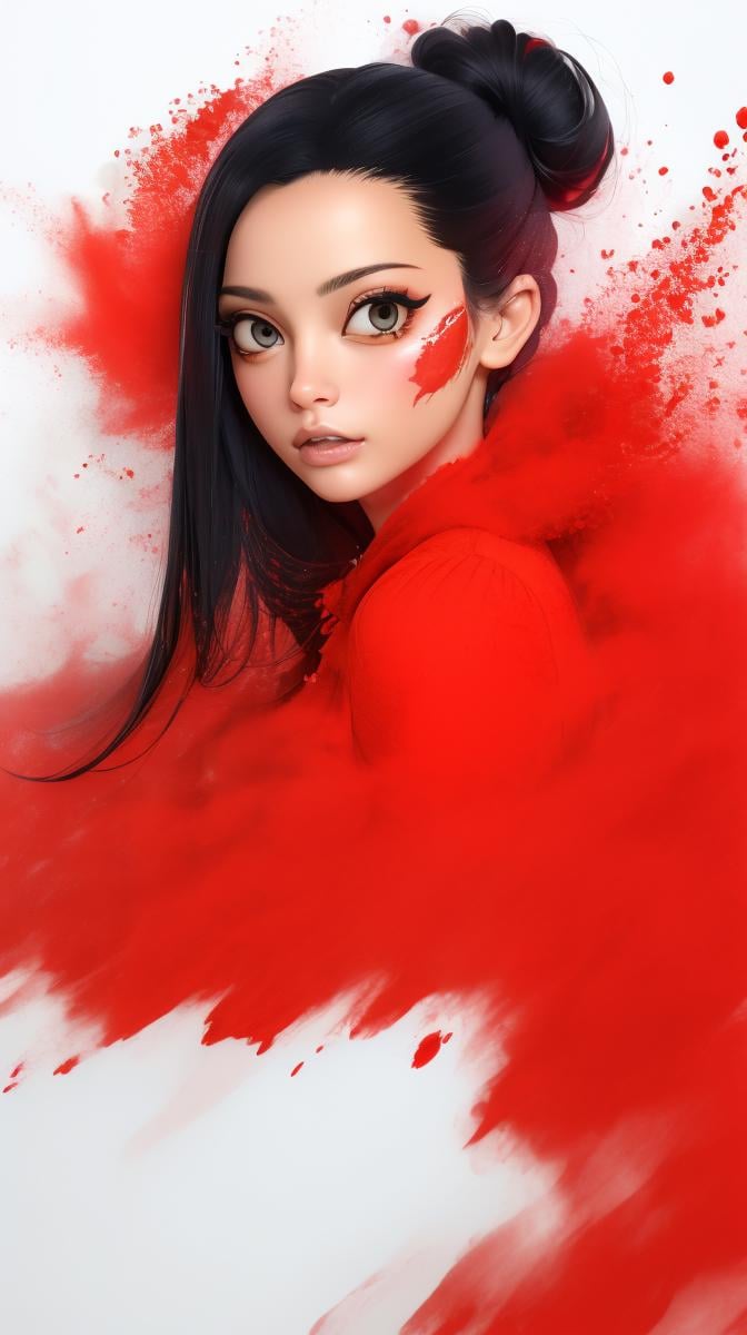 <lora:Sexy-Japanese:1> updo black straight hair, black eyes, red and white powder splashes on background, high quality photography, <lora:powder_v1.0:1>