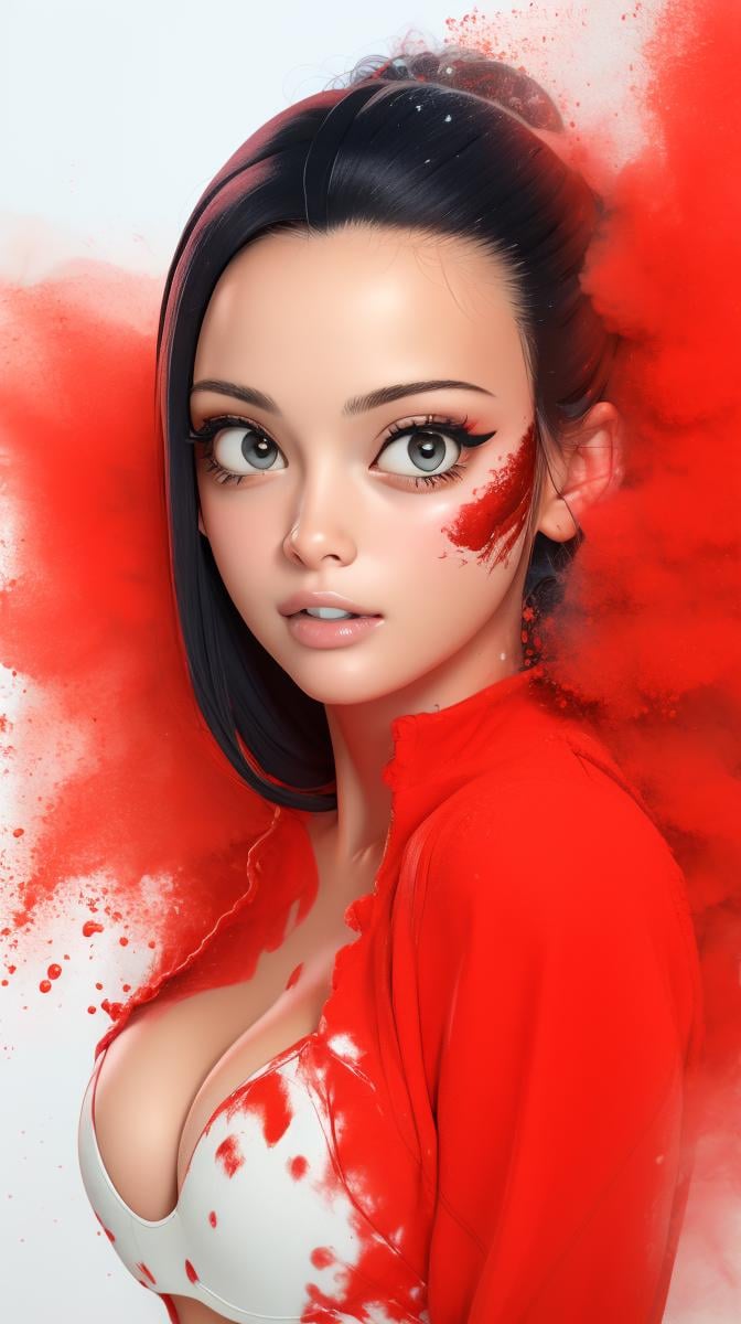 <lora:Sexy-Japanese:1> updo black straight hair, black eyes, red and white powder splashes on background, high quality photography, <lora:powder_v1.0:1>