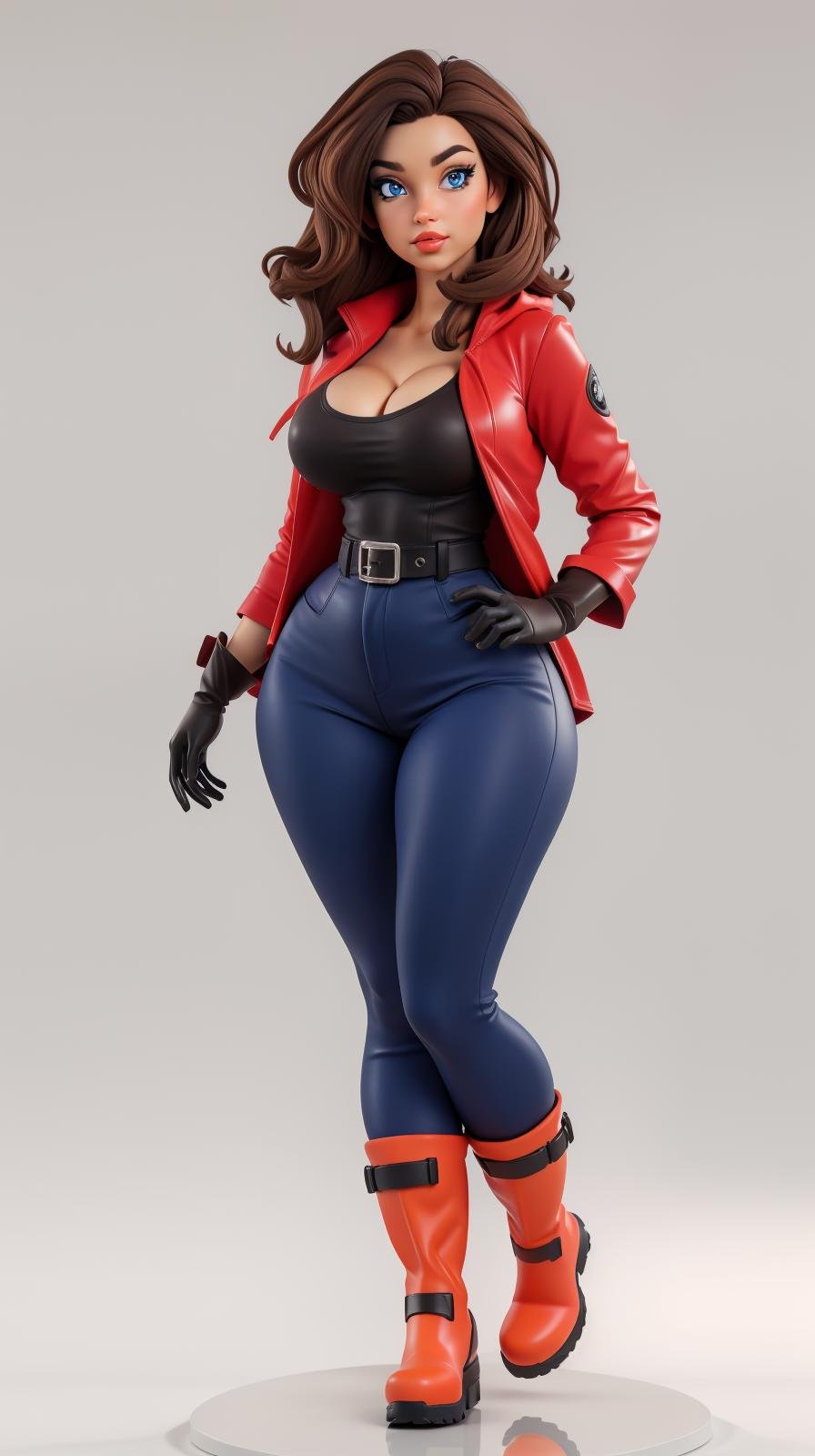 <lora:Sexy-British:1> brown hair, wavy hair, blue eyes, full lips, red rain coat, black pants, gloves, long boots, looking at viewer, perfect hands, big breast, wide hips, thick thighs, ultra realistic digital art, a 3D render, photorealism, clean scene, white background, circular base, <lora:p3r3zstyle_v3:0.4>  <lora:P2p0:0.4> <lora:Sexy-Figures:1>    