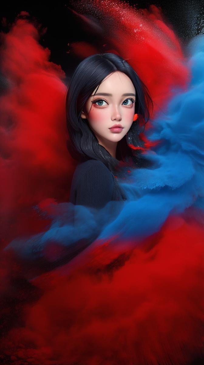 <lora:Sexy-Korean:1> black straight hair, black eyes, red and blue powder splashes on background, high quality photography, <lora:powder_v1.0:1>