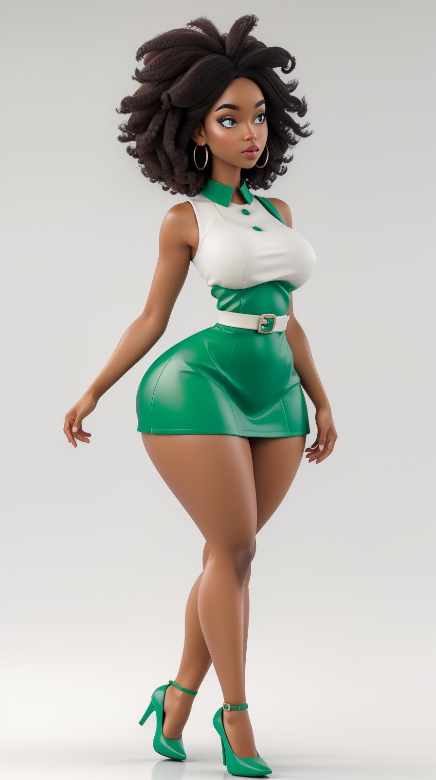 <lora:Sexy-Nigerian:1> dark skin, afro hair, (green and white mini dress), high heels, looking at viewer, perfect hands, big breast, wide hips, thick thighs, ultra realistic digital art, a 3D render, photorealism, clean scene, white background, circular base, <lora:p3r3zstyle_v3:0.4>  <lora:P2p0:0.4> <lora:Sexy-Figures:1> 