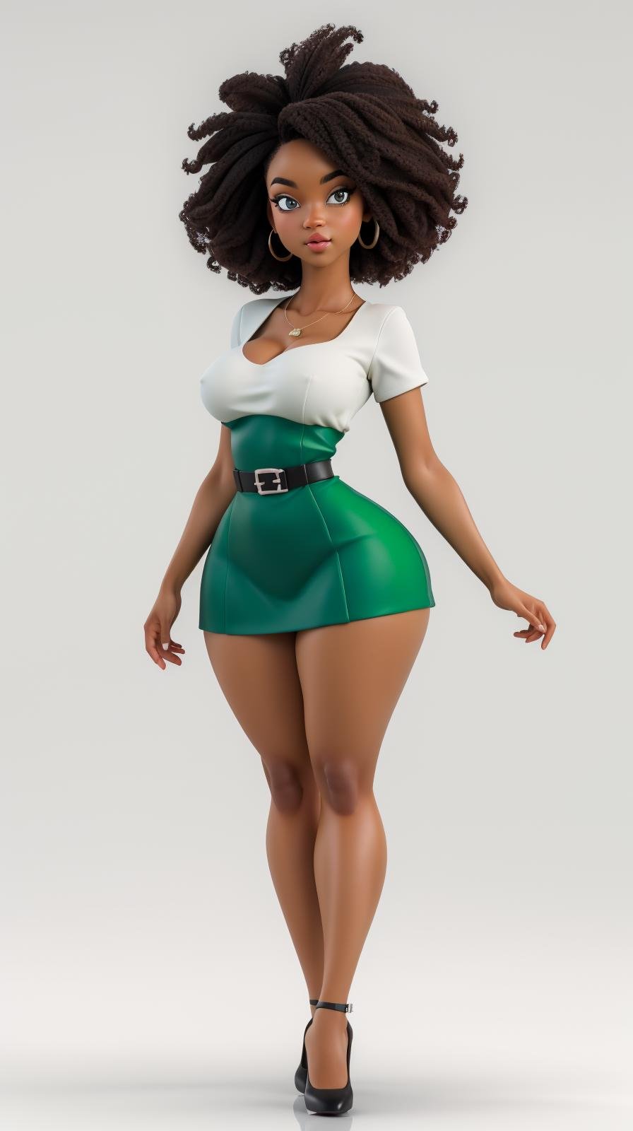 <lora:Sexy-Nigerian:1> dark skin, afro hair, (green and white mini dress), looking at viewer, perfect hands, big breast, wide hips, thick thighs, ultra realistic digital art, a 3D render, photorealism, clean scene, white background, circular base, <lora:p3r3zstyle_v3:0.4>  <lora:P2p0:0.4> <lora:Sexy-Figures:1> 