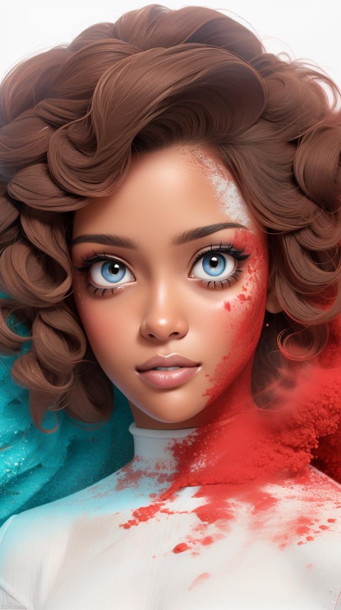 <lora:Sexy-American-Black:1> light brown eyes, curly black hair, afroamerican, full lips, clean face, red powder, white powder and deep blue powder splashes on background, high quality photography, <lora:powder_v1.0:1>