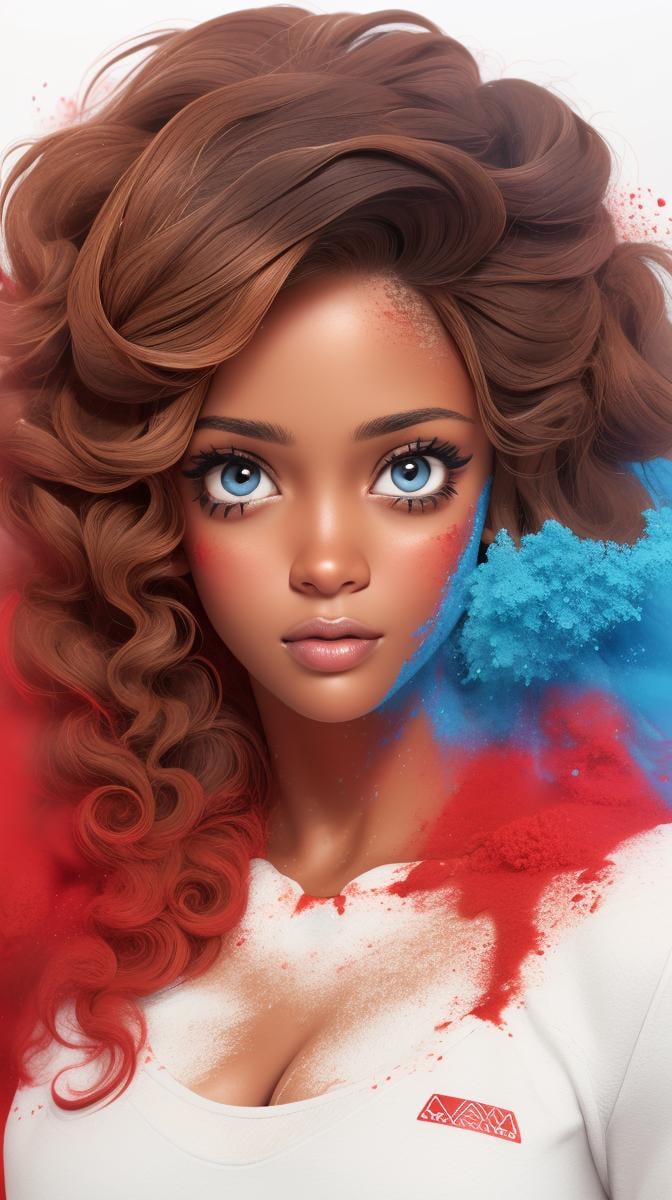 <lora:Sexy-American-Black:1> light brown eyes, curly black hair, afroamerican, full lips, clean face, red powder, white powder and deep blue powder splashes on background, high quality photography, <lora:powder_v1.0:1>