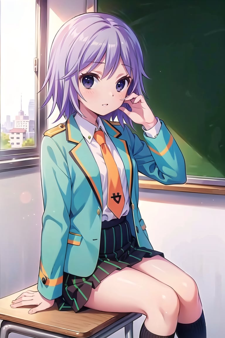 Masterpiece,Best  Quality, High Quality, (Sharp Picture Quality), Light purple hair, short hair, blue -green jacket, orange tie, school uniform,(Skirt with green and black vertical stripes),School classroom, blackboard, sitting, beautiful landscape,alone,<lora:EMS-304307-EMS:0.800000>