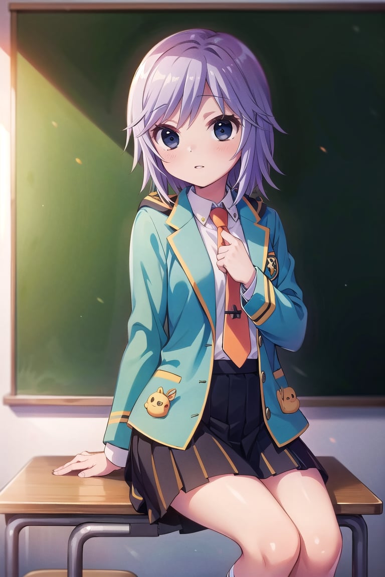 Masterpiece,Best  Quality, High Quality, (Sharp Picture Quality), Light purple hair, short hair, blue -green jacket, orange tie, school uniform,(Skirt with green and black vertical stripes),School classroom, blackboard, sitting, beautiful landscape,alone,<lora:EMS-304307-EMS:0.800000>