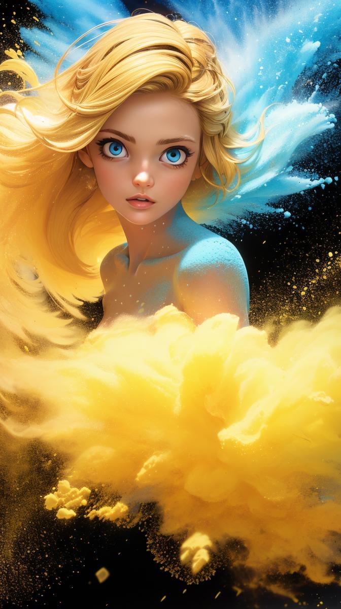 <lora:Sexy-Ukrainian:1>  blonde straight  hair, blue eyes, light blue powder, yellow powder splashes on background, high quality photography, <lora:powder_v1.0:1>