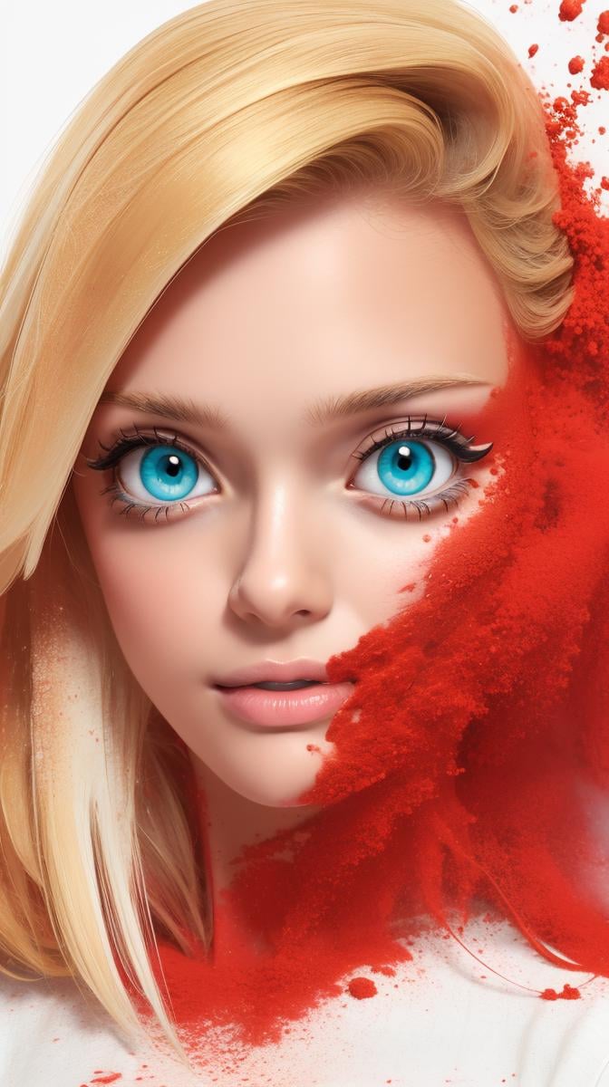 <lora:Sexy-Polish:1> blonde straight  hair, aqua eyes, red powder, white powder splashes on background, high quality photography, <lora:powder_v1.0:1>