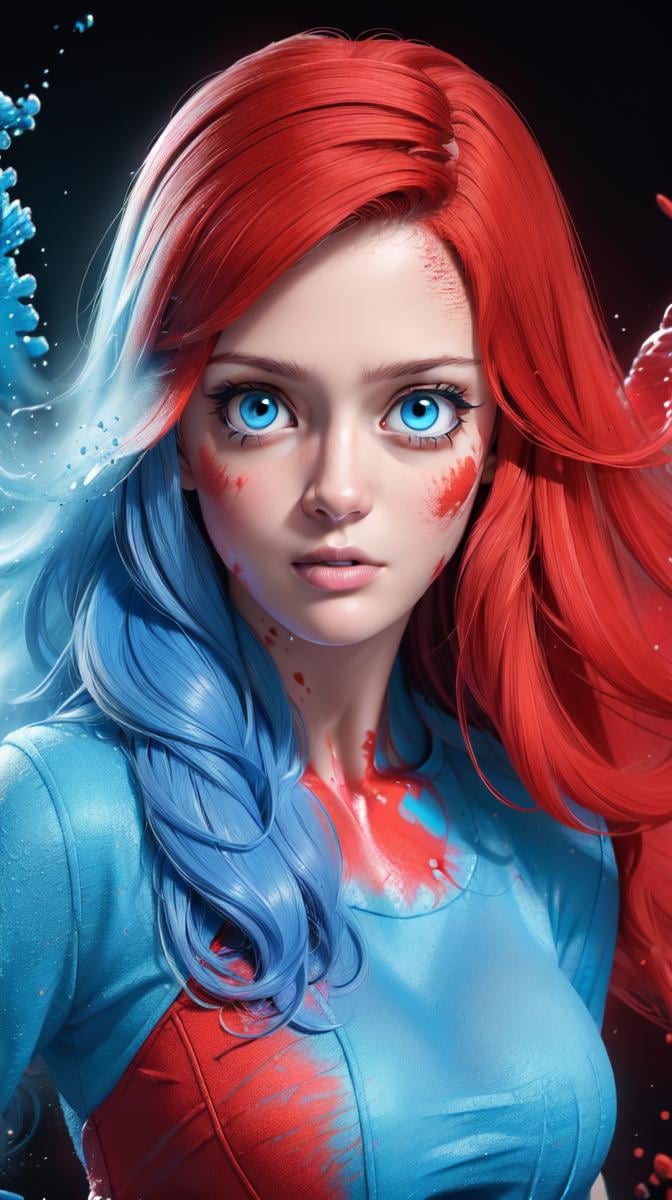 <lora:Sexy-Russian:1> hazel hair, blue eyes, blue powder, red powder splashes on background, high quality photography, <lora:powder_v1.0:1>