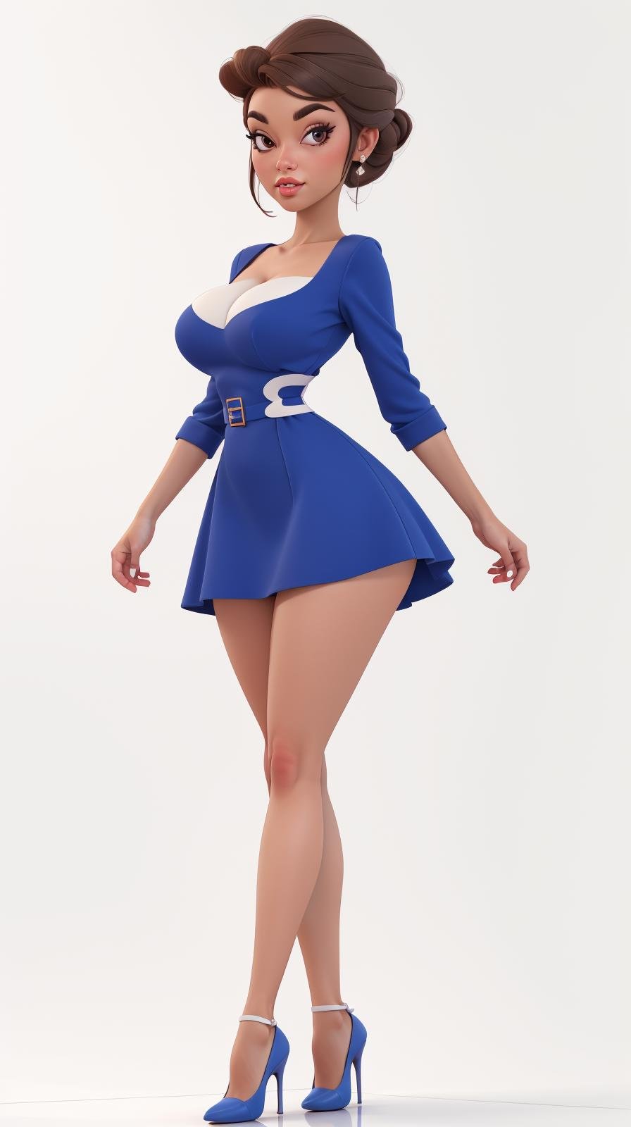 high detailed, masterpiece <lora:Sexy-French:0.8> as cartoon character,  brown updo hair, brown eyes, full lips, blue dress, red high heel shoes, looking at viewer, perfect hands, big breast, wide hips, thick thighs, ultra realistic digital art, a 3D render, photorealism, clean scene, white background, white wall, shinny floor, white floor, <lora:P2p0:0.8>