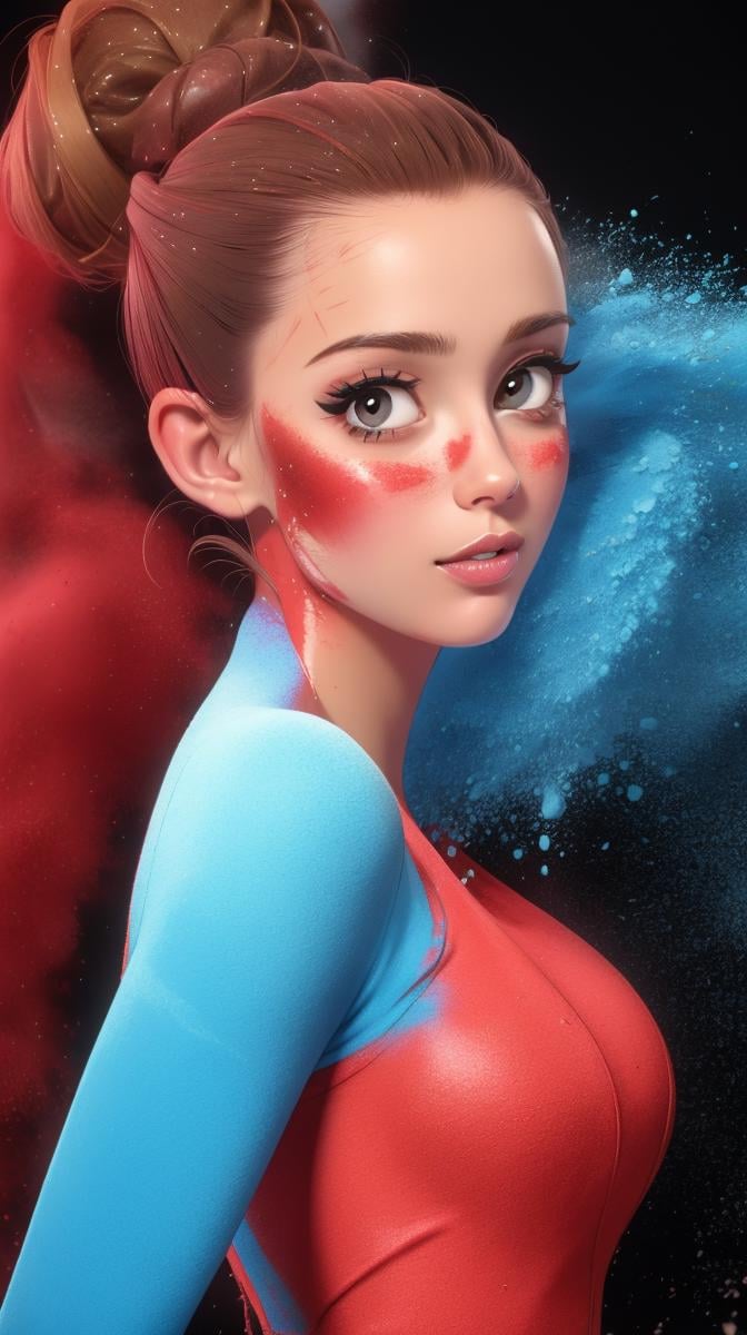 <lora:Sexy-French:1> brown updo hair, brown eyes, full lips, deep blue powder and red powder splashes on background, high quality photography, <lora:powder_v1.0:1>