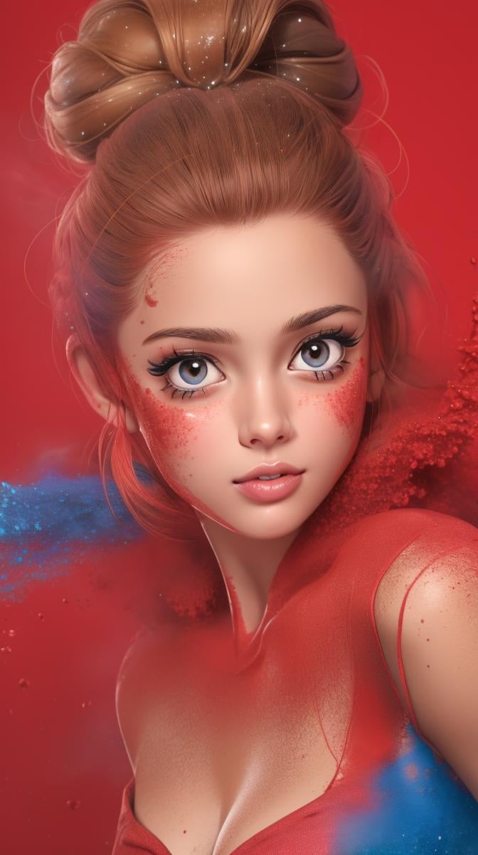 <lora:Sexy-French:1> brown updo hair, brown eyes, full lips, deep blue powder and red powder splashes on background, high quality photography, <lora:powder_v1.0:1>