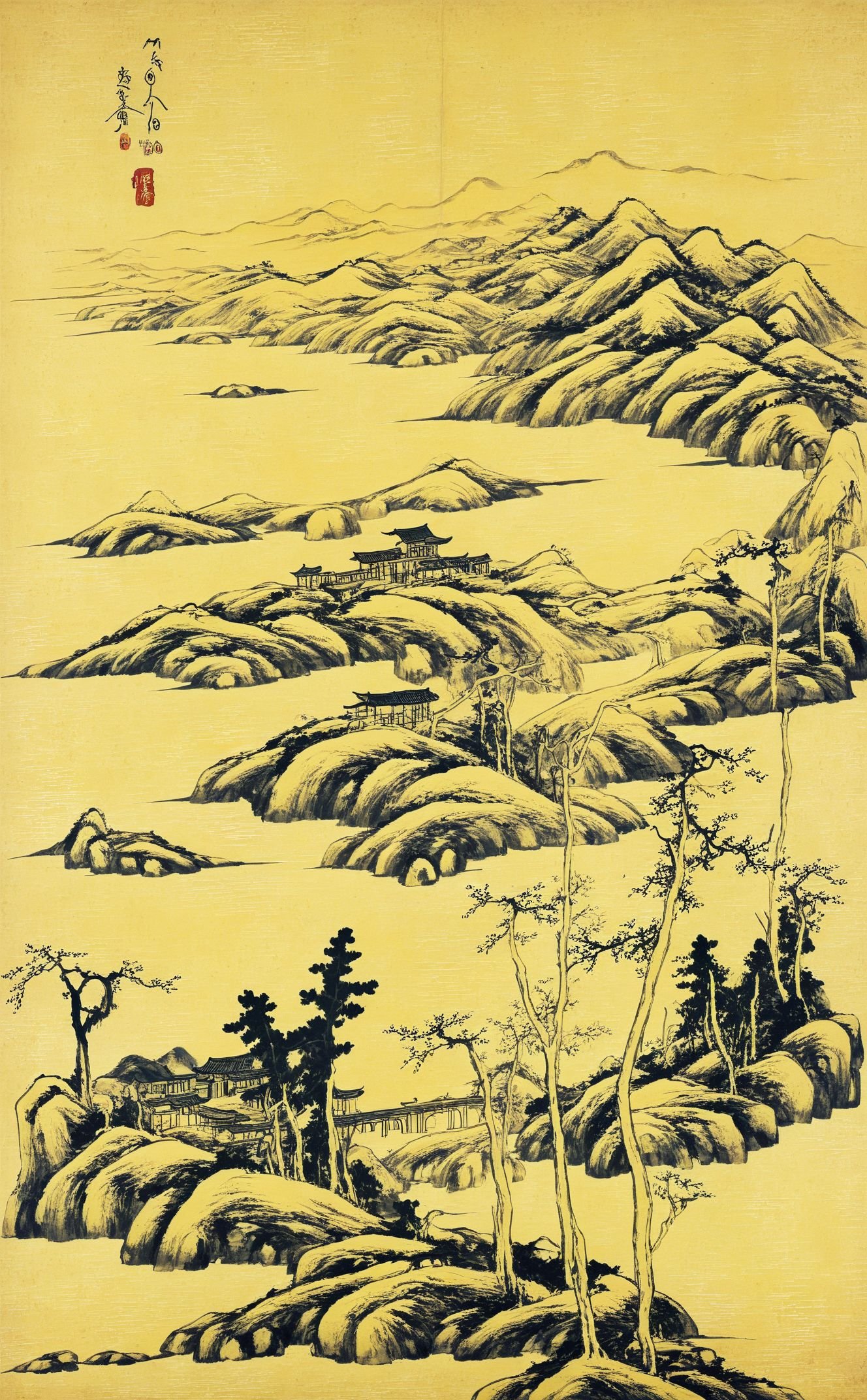 <lora:八大山人画风-000009:0.8>,chinese Landscape painting,highres,paper yellowing,