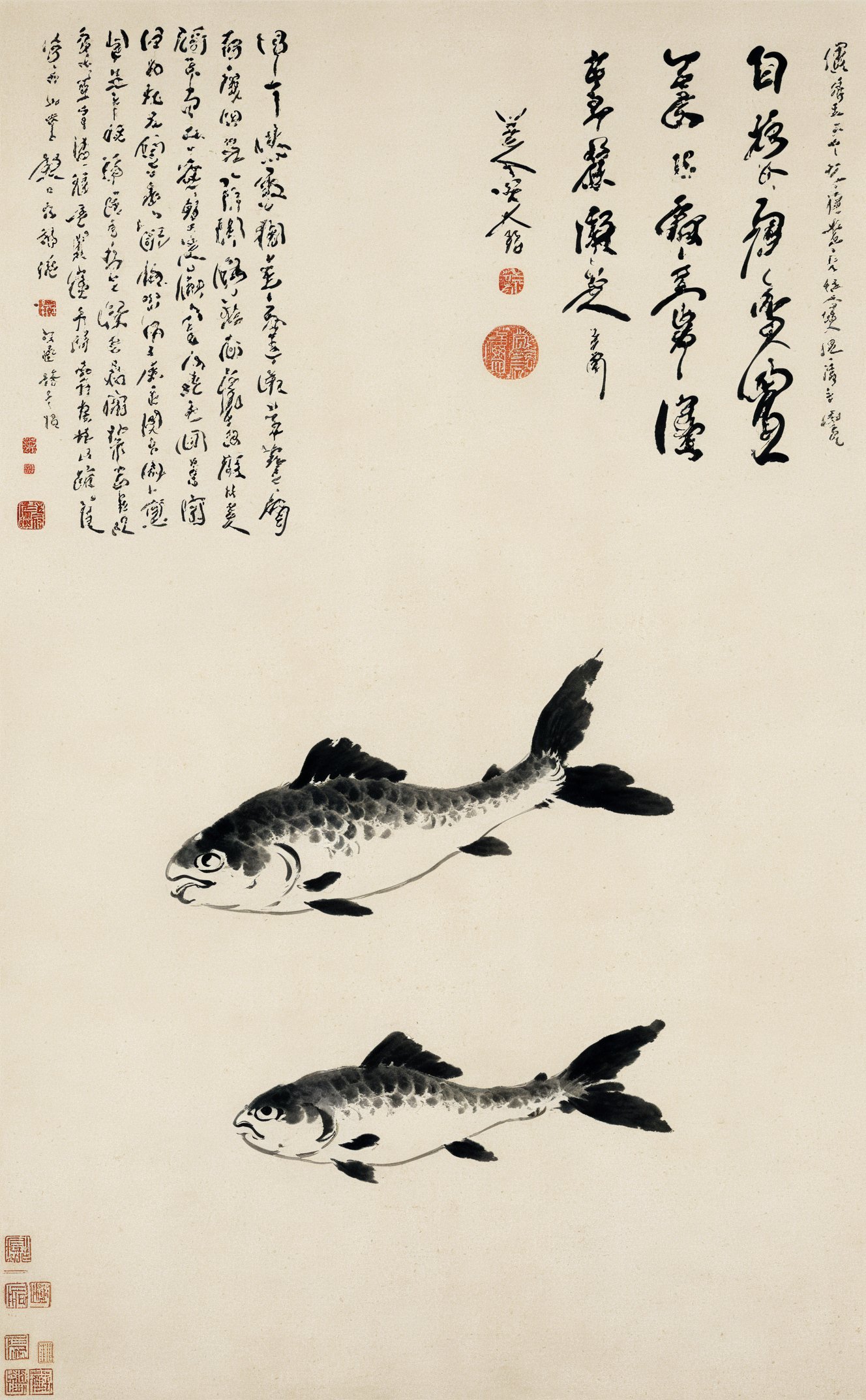 <lora:八大山人画风-000009:0.8>,chinese Landscape painting,highres,no humans,fish,animal,animal focus,closed mouth,swimming,from side,full body,the art of chinese calligraphy,asian artwork,traditional chinese painting,ink fish drawing,calligraphy,parchment,vertical composition,minimalistic,brush strokes,cultural,seal art,antique,artistic,single subject,text overlay,fine art,Chinese text,ink wash painting,