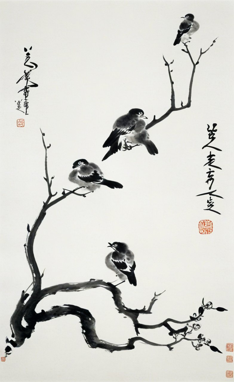 <lora:八大山人画风-000009:0.8>,no humans,branch,two birds,chinese text,tree,animal focus,animal,monochrome,traditional media,the art of chinese calligraphy,orchid,brush strokes,traditional art,white background,asian culture,artistic seal,minimalistic,black and white,calligraphy,flora,paper texture,vertical composition,Chinese text,ink wash painting,traditional chinese painting,