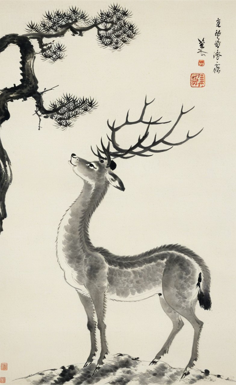 <lora:八大山人画风-000009:0.8>,no humans, fine art parody, tree, deer, traditional media, branch, antlers, animal, solo, monochrome, animal focus, signature, pine branches, traditional asian art, vertical composition, brushwork, black and white, paper texture, wildlife, nature, calm expression, ancient artistic style, stamp seal, fine art, elegance, serenity., Chinese text, calligraphy, ink wash painting, traditional chinese painting,