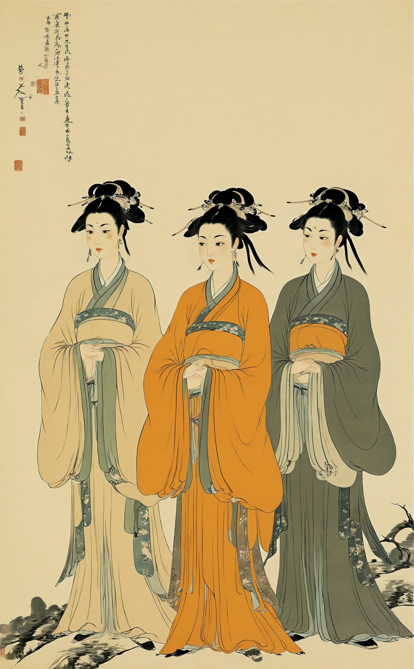 <lora:八大山人画风-000009:0.8>,chinese Landscape painting,3girls,highres,looking_at_viewer,Old paintings,(Tang dynasty decorative hairstyle:1.2),