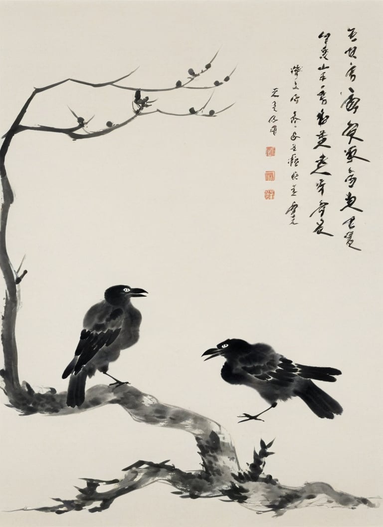 <lora:八大山人画风-000007:0.8>,no humans,bird,branch,traditional media,two crow,tree,leaf,chinese text,simple background,calligraphy brush \(medium\),birds on branch,asian art,monochrome,traditional artwork,vertical composition,minimalist aesthetic,nature theme,brush strokes,paper texture,seal stamp,calligraphy,Chinese text,ink wash painting,traditional chinese painting,