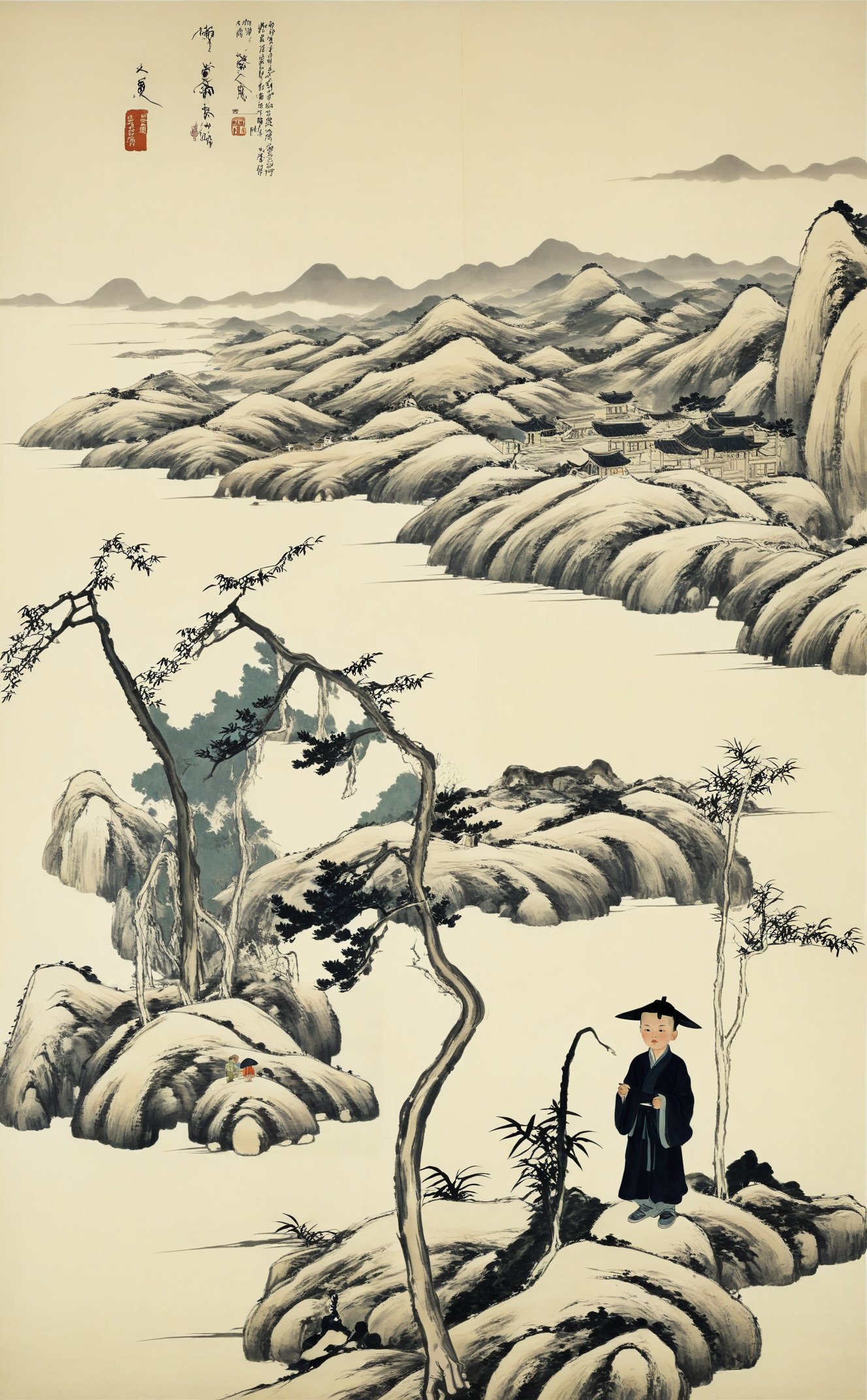 <lora:八大山人画风-000009:0.8>,chinese Landscape painting,highres,looking_at_viewer,1boy,