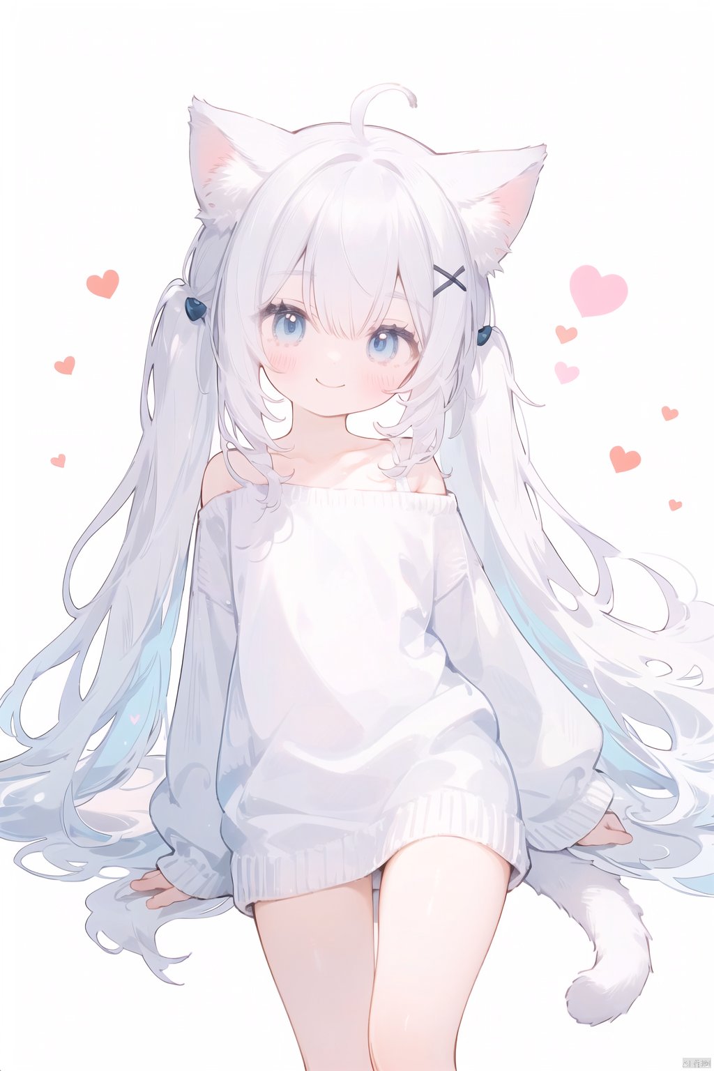 petite, loli,blue eyes,catgirl, cat ears,solo, heart, puffy short sleeves, white hair, long hair, off shoulder, bangs, hair ornament, gradient background,rainbow gradient, x hair ornament, animal ear fluff, looking at viewer, very long hair, blush, smile, cat ears, bare shoulders, collarbone, hand up, gradient sweater, hair between eyes, arm up, heart-shaped pupils, hairclip, medium breasts, salute, bare legs,full body