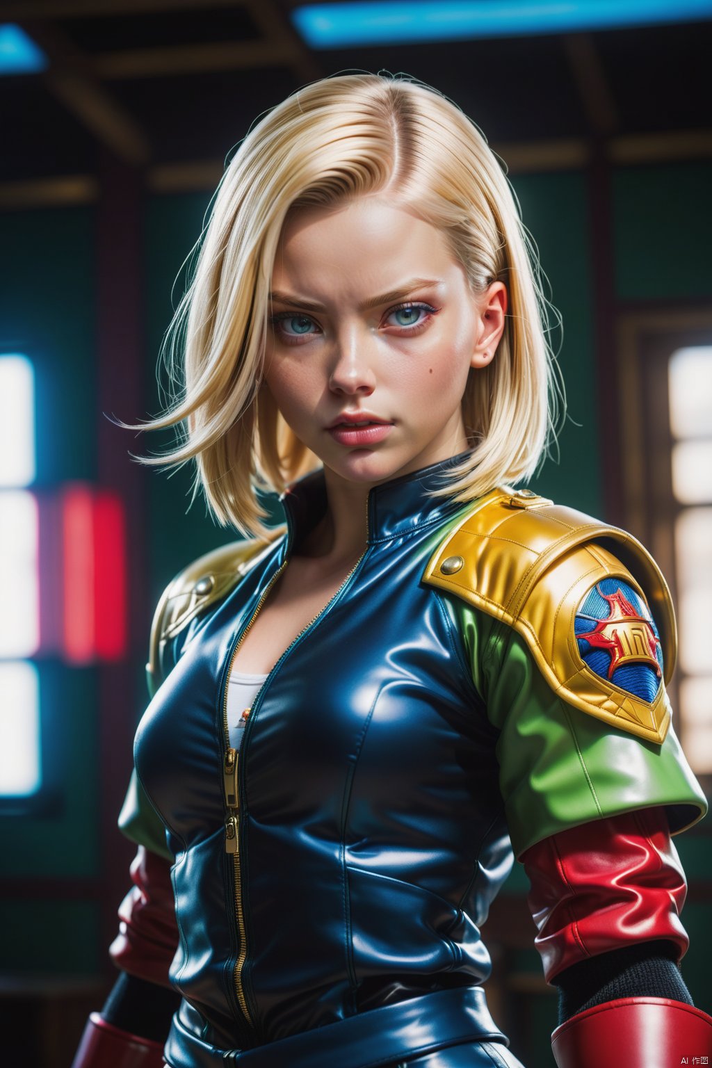  ,low-angle-shot, android 18, best quality, 1 girl, full-length portrait,perfect hands, fighting,intricate details,chromatic aberration, ,blond hair,(realistic, photo-realistic:1.37),objection