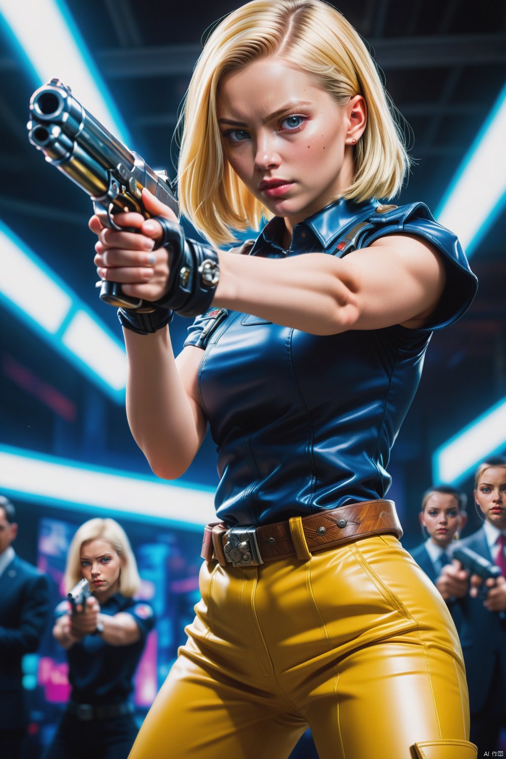  ,low-angle-shot, android 18, best quality, 1 girl, full-length portrait,perfect hands, fighting,intricate details,chromatic aberration, ,blond hair,(realistic, photo-realistic:1.37),objection,holding the gun,