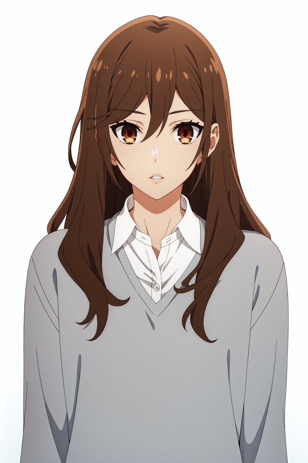<lora:anime_screencap_v2:0.3>portrait, solo focus, solo, close-up, (white background, plain background, simple background:1.3), looking at viewer <lora:hori_hori-03:0.8> horimiya_hori, 1girl, brown hair, solo, long hair, brown eyes, looking at viewer, shirt, sweater, upper bod, grey sweater, white shirt, collared shirt, PARTED LIPS, hair between eyes, bangs, school uniform