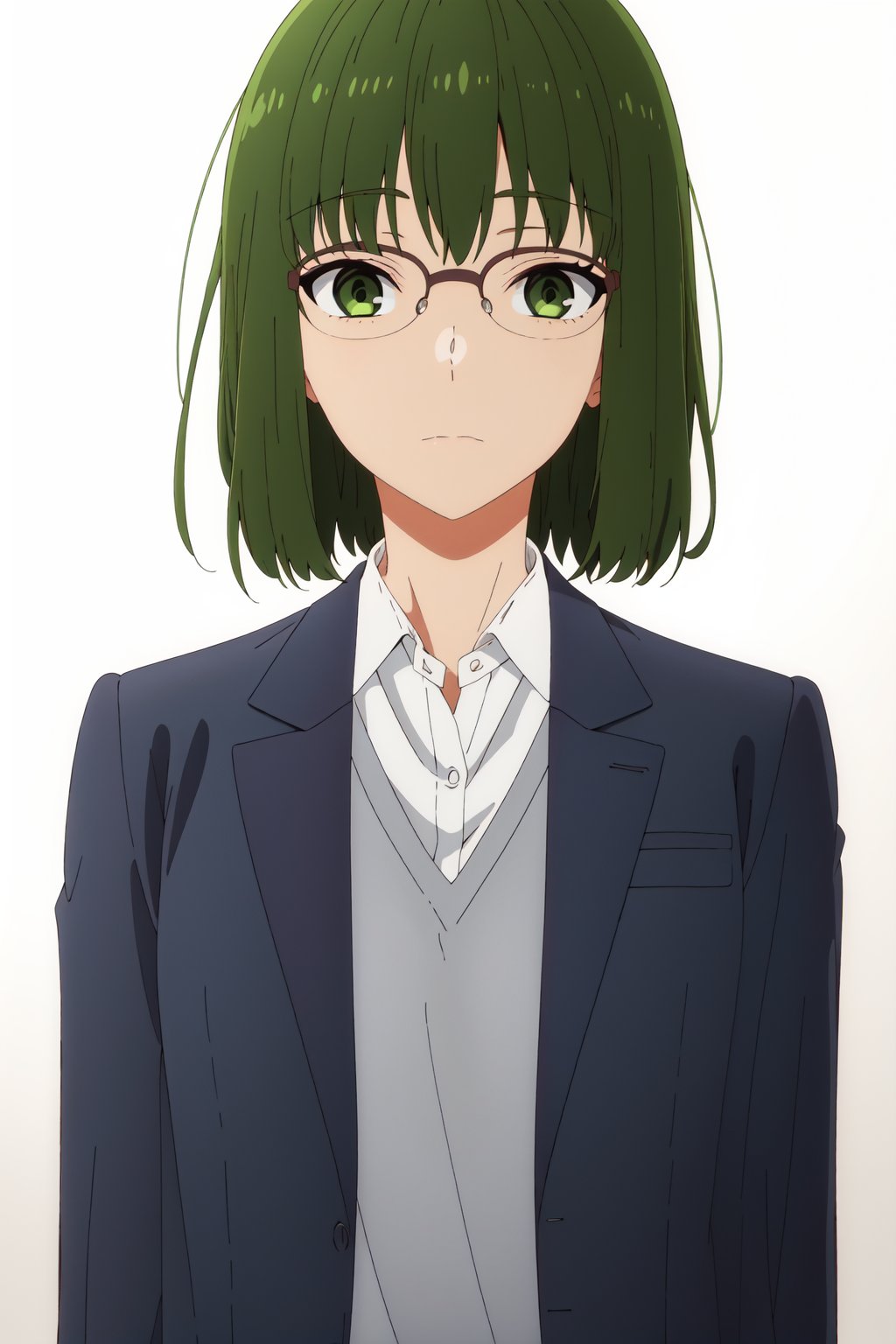 <lora:anime_screencap_v2:0.3>portrait, solo focus, solo, close-up, (white background, plain background, simple background:1.3), looking at viewer <lora:hori_sakura-03:0.8> horimiya_sakura, 1girl, green eyes, solo, glasses, green hair, short hair, looking at viewer, upper body, jacket, shirt, collared shirt, expressionless, bob cut, closed mouth, blazer, white shirt, bangs, indoors, school uniform