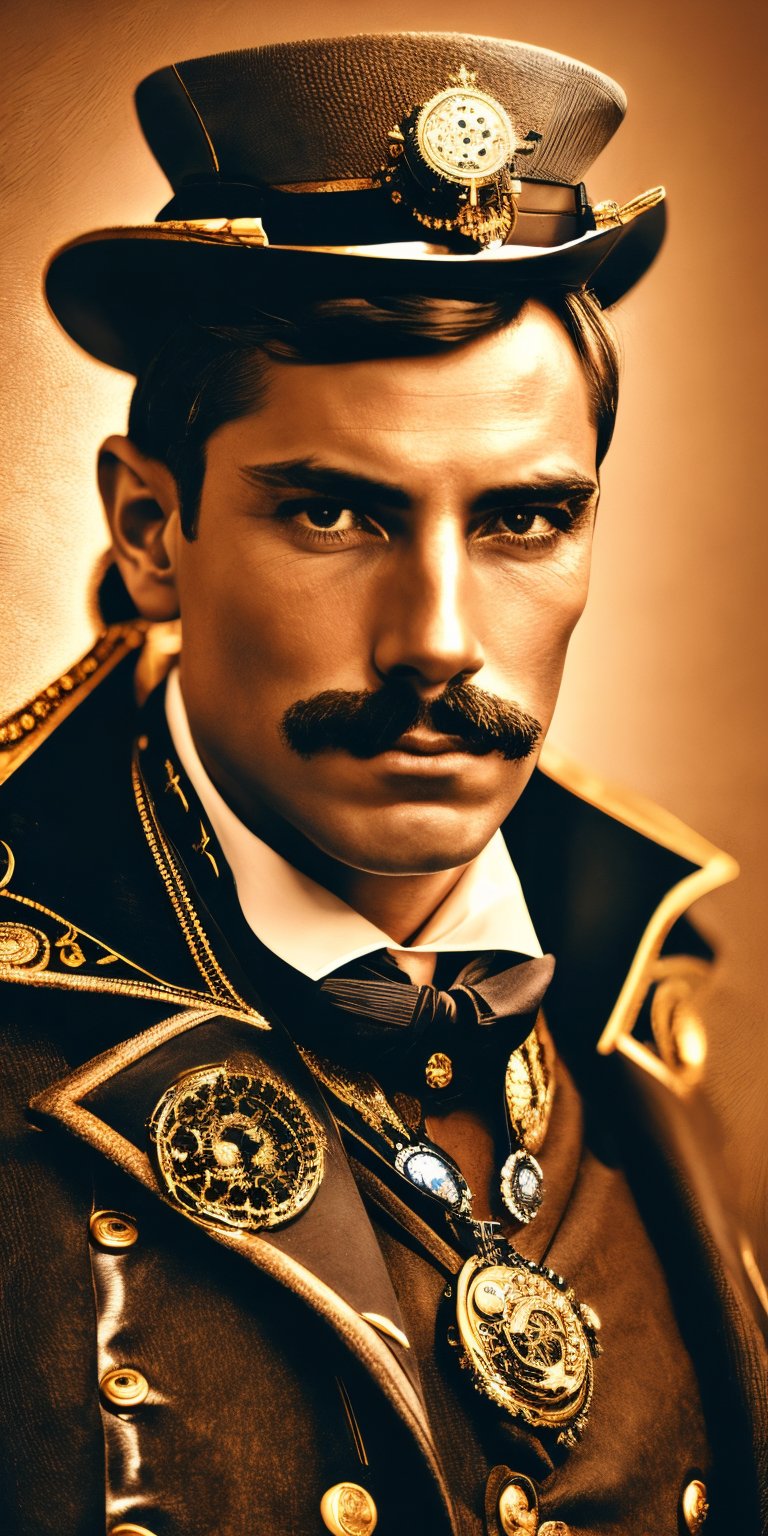 A male portrait with a weathered face and a monocle, his captain's uniform adorned with intricate cogwork details. He holds a telescope, his gaze fixed on the horizon, a determined glint in his eyes. ( Steampunk, Portrait, Detailed)