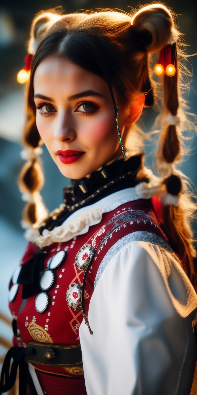 Beautiful Swiss woman, pure white pigtails, traditional Swiss folk costume, tracht, cyberpunk style combining traditional elements with futuristic aesthetics, LED lights and circuit pattern decoration, clothing with traditional Swiss patterned patterns, steampunk style accessories and mechanical decorations The clothes are decorated with traditional Swiss patterns, steampunk-inspired accessories and mechanical decorations. Background of the Alps