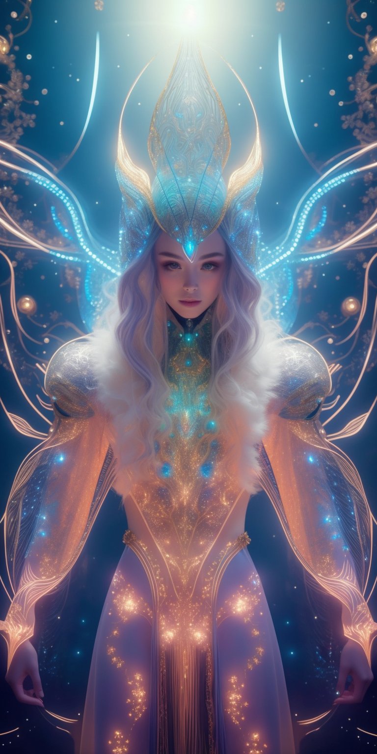 A humanoid figure with iridescent skin and flowing hair woven from luminescent vines, adorned in metallic armor adorned with glowing runes. They hold a strange instrument, its strings glowing with alien energy, as they compose a hauntingly beautiful melody that echoes through a bioluminescent forest. ( Futuristic, Biopunk, Alien, Detailed)