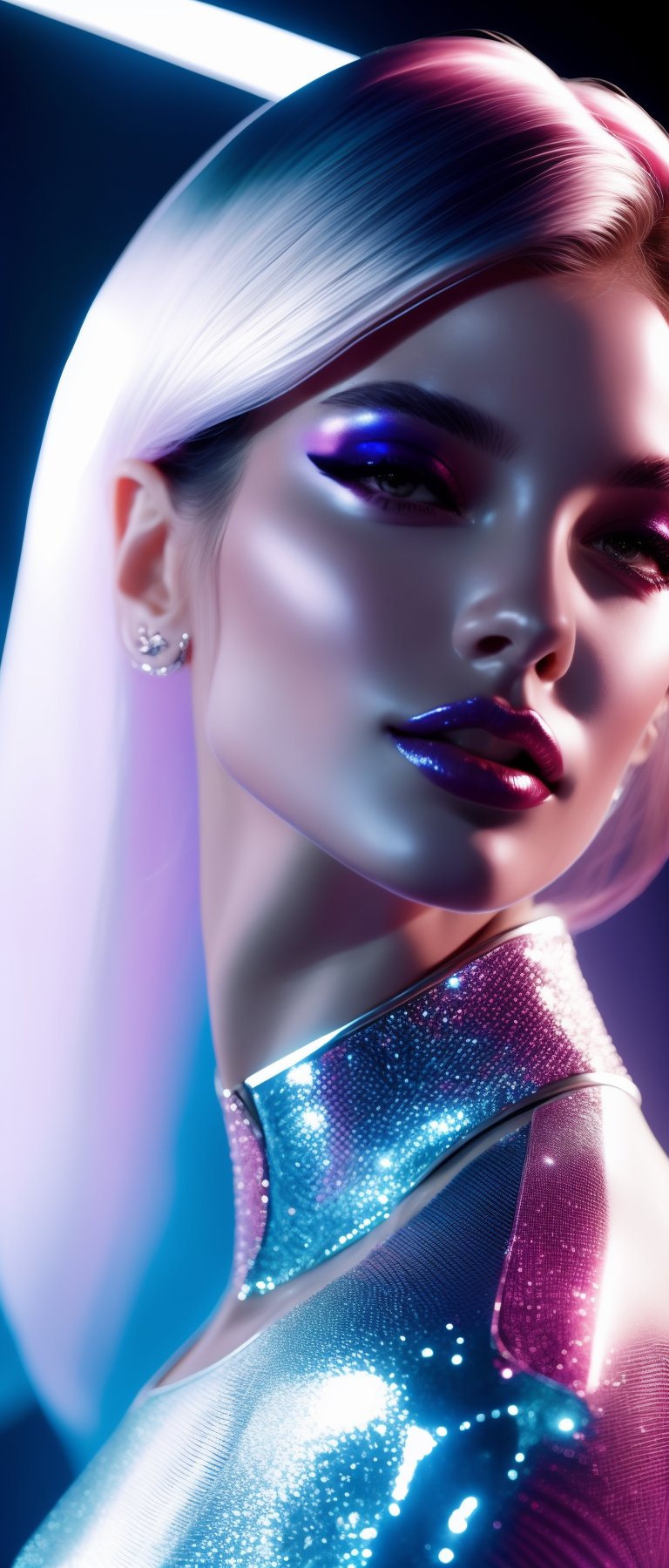 A model with sleek, silver cybernetic implants that seamlessly blend with their high-fashion attire. Their expression is one of cool confidence, their pose radiating power and sophistication. The entire image is bathed in a soft neon glow, emphasizing the futuristic aesthetic. (Cyberpunk, Fashion, High-End)