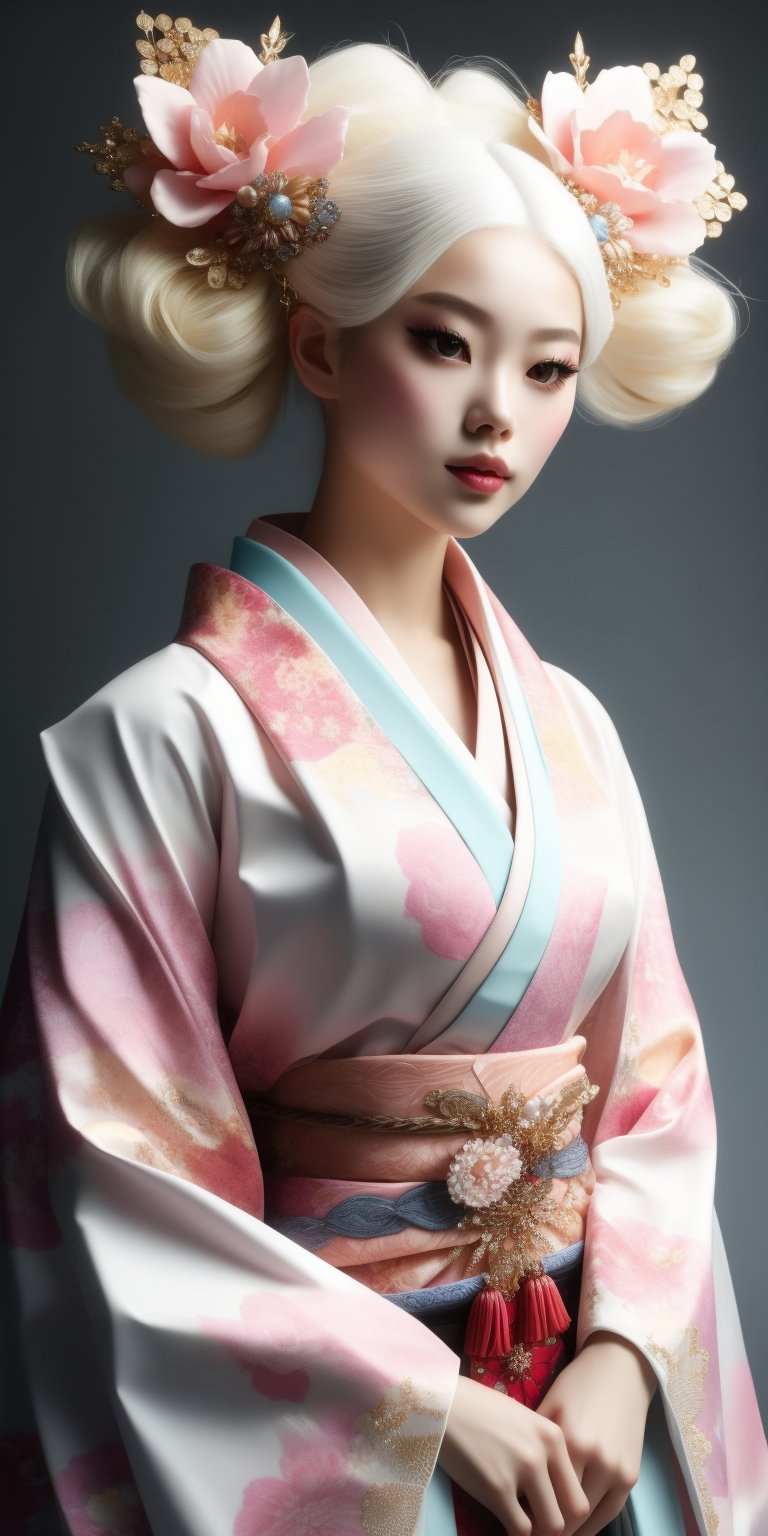 beauty albino fox girl, is adorned in a stunning fusion of Rococo and traditional Japanese fashion,Her kimono is intricately designed with elaborate Rococo patterns, featuring pastel hues and delicate floral motifs. The silhouette of the kimono is accentuated with layers of voluminous fabric, creating a regal and graceful appearance. Completing her ensemble, she wears accessories such as a decorative obi belt and elegant hair ornaments, all adorned with intricate Rococo details