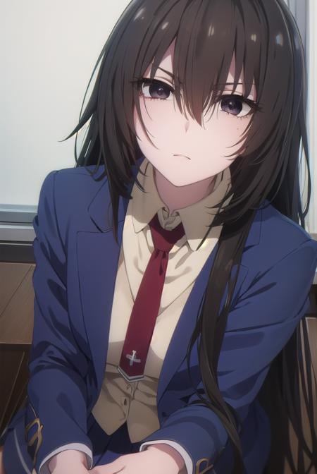 kirukiruamou, <lora:kirukiru amou s1-lora-nochekaiser:1>,kirukiru amou, long hair, black hair, very long hair, (black eyes:1.3), hair between eyes,BREAK skirt, school uniform, jacket, necktie, blue skirt, blazer, red necktie,BREAK indoors, classroom,BREAK looking at viewer, (cowboy shot:1.5),BREAK <lyco:GoodHands-beta2:1>, (masterpiece:1.2), best quality, high resolution, unity 8k wallpaper, (illustration:0.8), (beautiful detailed eyes:1.6), extremely detailed face, perfect lighting, extremely detailed CG, (perfect hands, perfect anatomy),