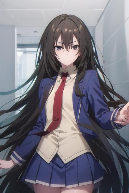 kirukiruamou, <lora:kirukiru amou s1-lora-nochekaiser:1>,kirukiru amou, long hair, black hair, very long hair, (black eyes:1.3), hair between eyes,BREAK skirt, school uniform, jacket, necktie, blue skirt, blazer, red necktie,BREAK indoors, classroom,BREAK looking at viewer, (cowboy shot:1.5),BREAK <lyco:GoodHands-beta2:1>, (masterpiece:1.2), best quality, high resolution, unity 8k wallpaper, (illustration:0.8), (beautiful detailed eyes:1.6), extremely detailed face, perfect lighting, extremely detailed CG, (perfect hands, perfect anatomy),