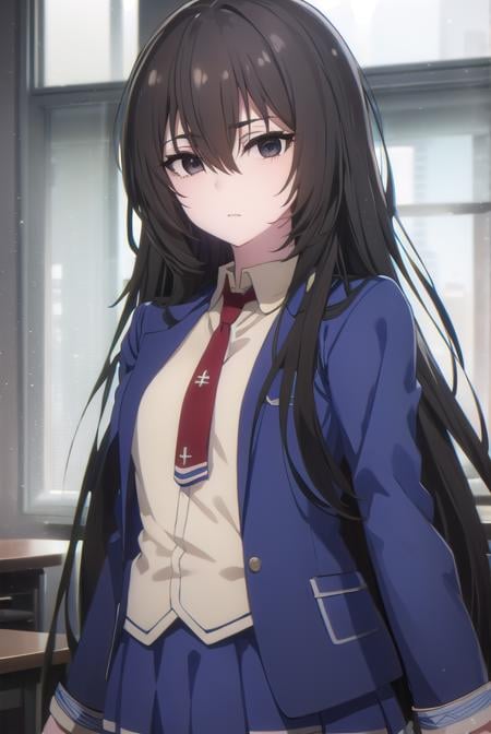 kirukiruamou, <lora:kirukiru amou s1-lora-nochekaiser:1>,kirukiru amou, long hair, black hair, very long hair, (black eyes:1.3), hair between eyes,BREAK skirt, school uniform, jacket, necktie, blue skirt, blazer, red necktie,BREAK indoors, classroom,BREAK looking at viewer, (cowboy shot:1.5),BREAK <lyco:GoodHands-beta2:1>, (masterpiece:1.2), best quality, high resolution, unity 8k wallpaper, (illustration:0.8), (beautiful detailed eyes:1.6), extremely detailed face, perfect lighting, extremely detailed CG, (perfect hands, perfect anatomy),