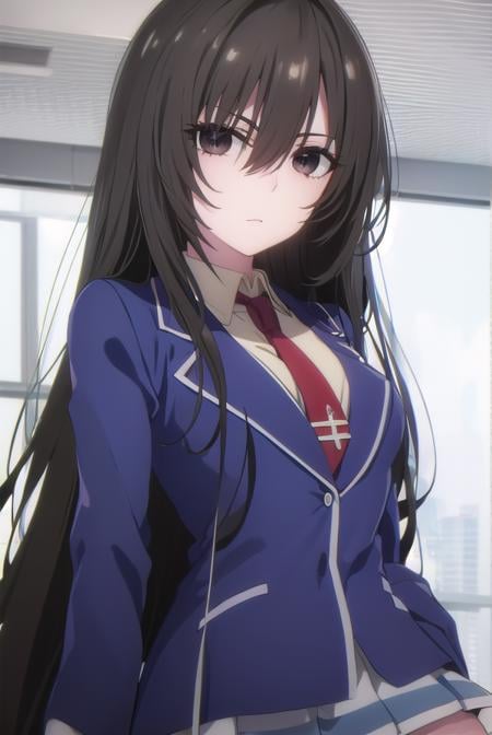 kirukiruamou, <lora:kirukiru amou s1-lora-nochekaiser:1>,kirukiru amou, long hair, black hair, very long hair, (black eyes:1.3), hair between eyes,BREAK skirt, school uniform, jacket, necktie, blue skirt, blazer, red necktie,BREAK indoors, classroom,BREAK looking at viewer, (cowboy shot:1.5),BREAK <lyco:GoodHands-beta2:1>, (masterpiece:1.2), best quality, high resolution, unity 8k wallpaper, (illustration:0.8), (beautiful detailed eyes:1.6), extremely detailed face, perfect lighting, extremely detailed CG, (perfect hands, perfect anatomy),