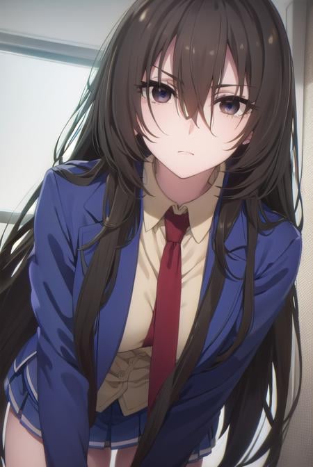 kirukiruamou, <lora:kirukiru amou s1-lora-nochekaiser:1>,kirukiru amou, long hair, black hair, very long hair, (black eyes:1.3), hair between eyes,BREAK skirt, school uniform, jacket, necktie, blue skirt, blazer, red necktie,BREAK indoors, classroom,BREAK looking at viewer, (cowboy shot:1.5),BREAK <lyco:GoodHands-beta2:1>, (masterpiece:1.2), best quality, high resolution, unity 8k wallpaper, (illustration:0.8), (beautiful detailed eyes:1.6), extremely detailed face, perfect lighting, extremely detailed CG, (perfect hands, perfect anatomy),